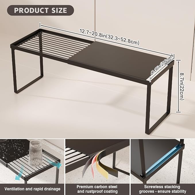 Magheo Expandable Cabinet Shelf Organizer, 2 Pack Stackable Kitchen Counter Shelf Riser, Metal Spice Rack Heavy Duty Countertop Organizer Storage for Kitchen, Pantry, Cupboard, Rv (8.7in Height,Black)
