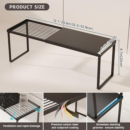 Magheo Expandable Cabinet Shelf Organizer, 2 Pack Stackable Kitchen Counter Shelf Riser, Metal Spice Rack Heavy Duty Countertop Organizer Storage for Kitchen, Pantry, Cupboard, Rv (8.7in Height,Black)