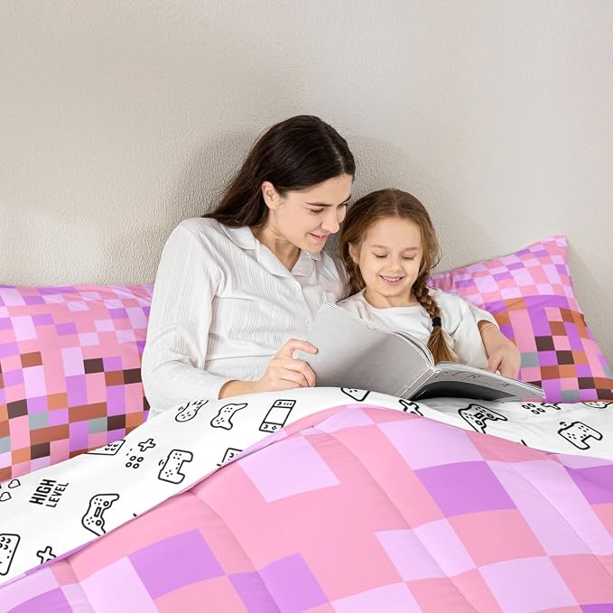 Pixel Grid Theme Comforter Set with 2 Pillowcases,Video Gaming Blocks Super Soft Microfiber Bedding Set for Adults Teens,Geometric Colorful Plaid Lattice Pink Purple Duvet Set for Room Decor,King