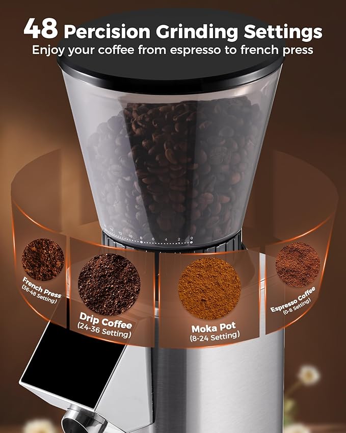 Tuni G1 Silver Conical Burr Coffee Grinder with Black Digital Coffee Scale, 48 Grind Settings Anti-static Coffee Bean Espresso Grinder for Espresso/Drip/Cold Brew/French Press
