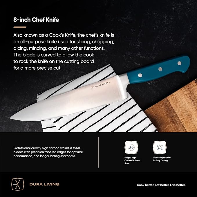 DURA LIVING 8 Inch Professional Chef Knife – High Carbon Stainless Steel, Razor-Sharp, Versatile Cooking & Cutting Kitchen Knife, Ergonomic Handle, Sleek Royal Blue Design