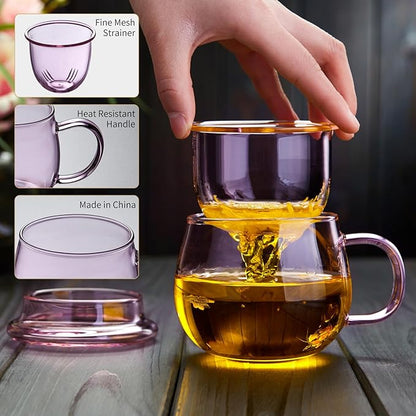 DOPUDO 11oz Pink Glass Tea Cup with Infuser and Lid– Versatile and Elegant Gift for Women, Perfect for Loose Leaf Tea and Other Beverages.