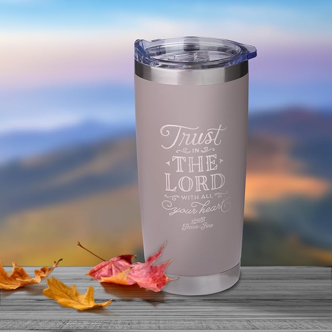 Christian Art Gifts Stainless Steel Double-Wall Vacuum Insulated Travel Mug 18 oz Gray Tumbler with Retractable Lid for Women and Men Bible Verse - Trust in the Lord - Proverbs 3:5