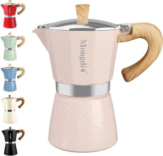 Mongdio Stovetop Espresso Maker Moka Pot, Cuban Coffee Maker Stove top coffee maker Moka Italian Espresso Greca Coffee Maker Brewer Percolator, 6 Espresso Cups, 10 oz - Pink