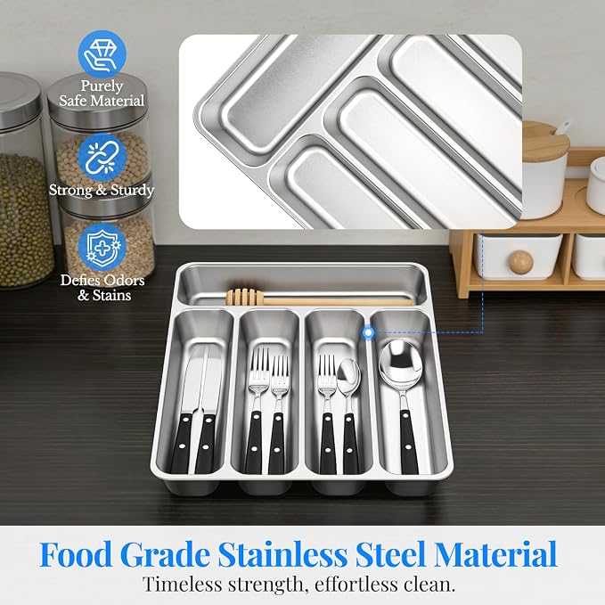 IKOCO 2-Pack Silverware Organizers Stainless Steel Kitchen Drawer Organizer with 5 Compartments, Dishwasher Safe for Spoons Forks Knives (13.8”x11.4”x1.6, Silver)