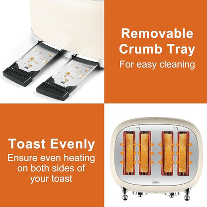 CUSIMAX Toaster 4 Slice, Retro Toaster with Wide Slots for Bagels, Stainless Steel with 6 Toast Settings, Bagel, Cancel, Defrost & Reheat Functions, Dual Independent Control Panels, Cream