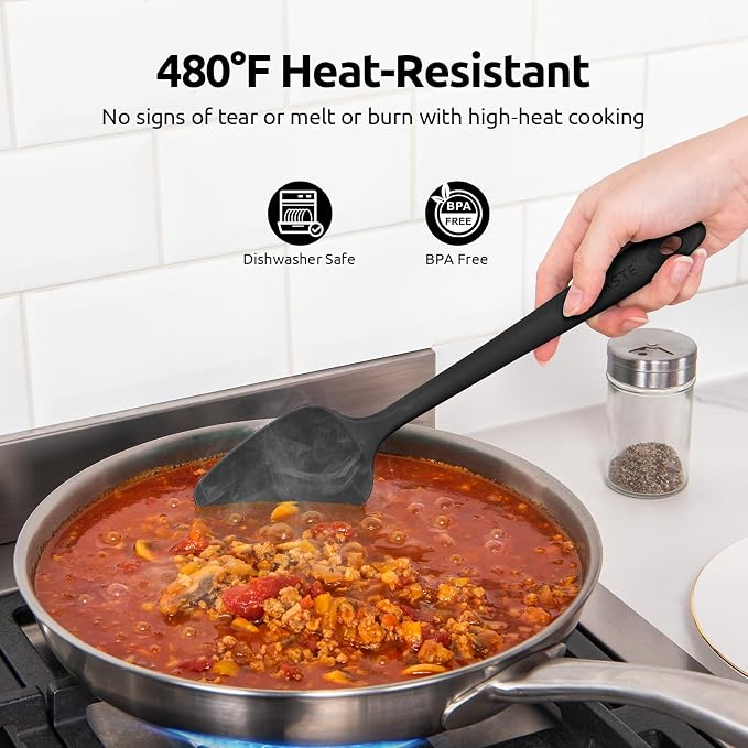 U-Taste Silicone Spoon Spatula Set: 480ºF Heat Resistant Food Grade Flexible Rubber Spoonula, Nonstick Cooking Mixing Scooping Kitchen Baking Scraper Utensils Set of 3 for Pan, Pot, Bowl (Black)