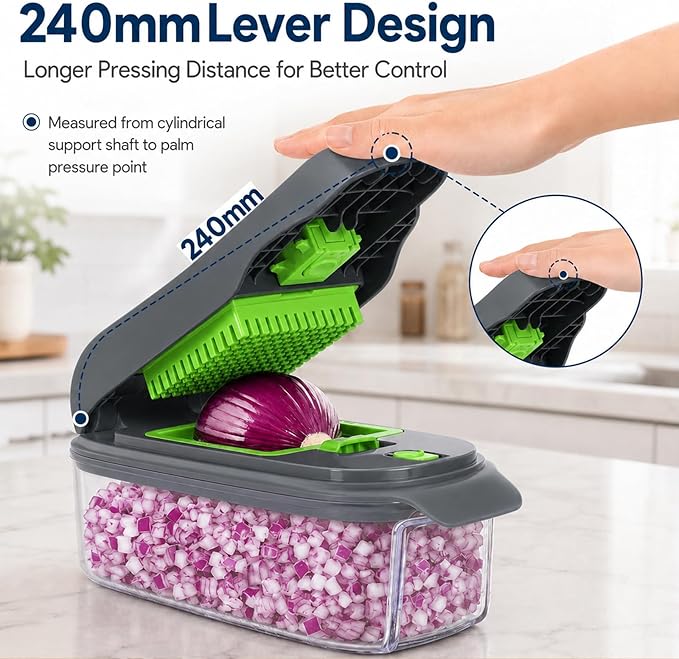 2-in-1 Vegetable Dicer, Onion Chopper with 6.7mm and 13.5mm Dicing Blades, 1.5L Food Prep Container for Salad, Potato, Tomato, Home Kitchen Meal Prep(Greygreen)