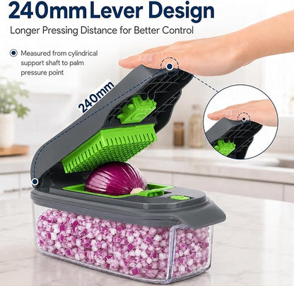 2-in-1 Vegetable Dicer, Onion Chopper with 6.7mm and 13.5mm Dicing Blades, 1.5L Food Prep Container for Salad, Potato, Tomato, Home Kitchen Meal Prep(Greygreen)