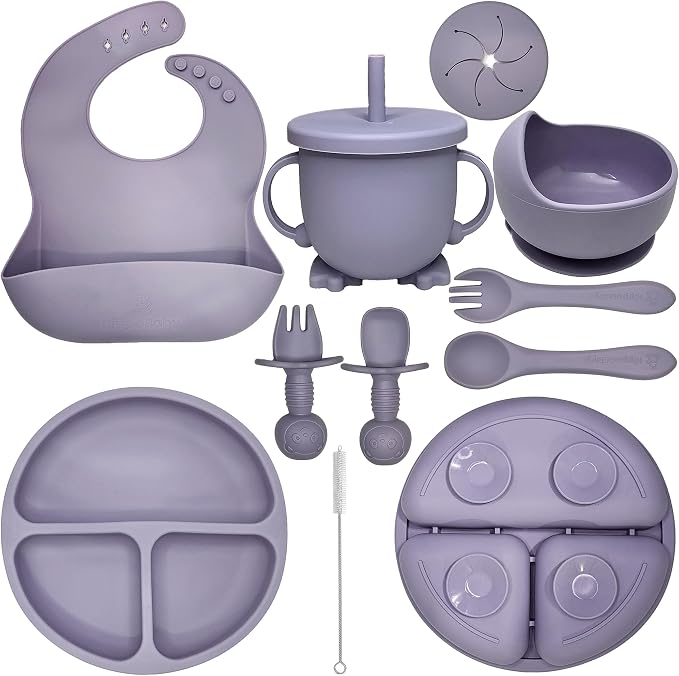 HippoBaby Baby Led Weaning Supplies | 10 Piece Silicone Feeding Set | Baby Toddler Bib Cup Divided Plate and Bowl Self Feeding Spoons Dish Set | Baby Utensils | Toddler Feeding Supplies (Lavender)