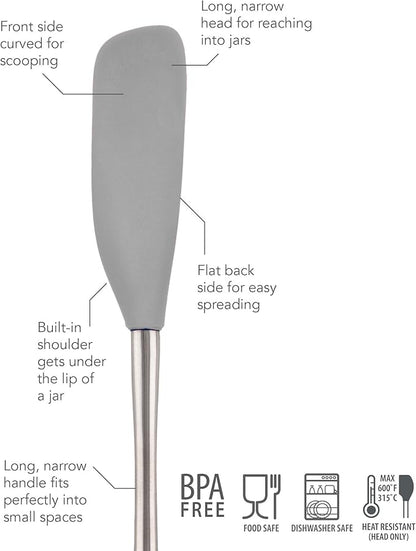 Tovolo Jar Spatula Silicone Long Stainless Steel Handle Scraper Spatula Oyster Gray, Jar Scraper Heat Resistant Dishwasher Safe BPA Free Kitchen Utensil for Scraping Spreading Jelly Peanut Butter