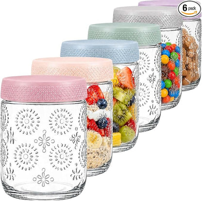 ColoVie 6-Pack Glass Overnight Oats Containers with Airtight Lids - 16oz Decorative Mason Jars for Meal Prep, Chia Seed Pudding, Salad, Snacks & Spice Storage - Wide Mouth, Dishwasher Safe