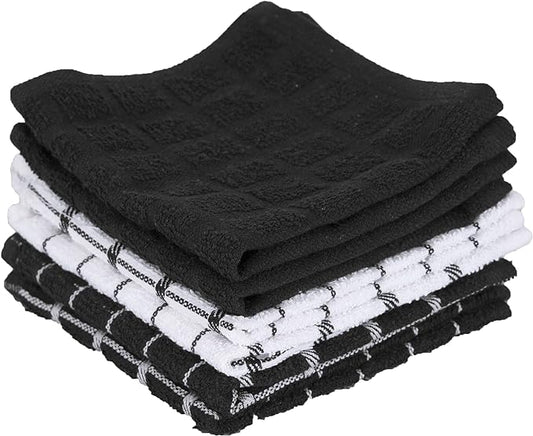 Ritz Premium 100% Cotton Terry Check Kitchen Dish Cloths - Highly Absorbent, Super Soft, Long-Lasting, 12"x12", 6-Pack, Black