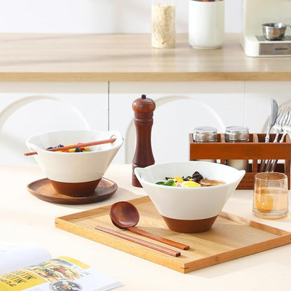 MALACASA Ceramic Ramen Bowl Set – 42 oz, with Wooden Spoon & Chopsticks, Microwave & Oven Safe, Japanese Style Soup Bowls for Ramen, Pho, Noodles – Set of 2, White & Khaki – TARA Series