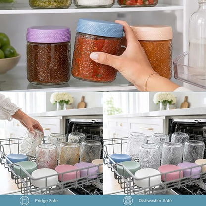 ColoVie 6-Pack Glass Overnight Oats Containers with Airtight Lids - 16oz Decorative Mason Jars for Meal Prep, Chia Seed Pudding, Salad, Snacks & Spice Storage - Wide Mouth, Dishwasher Safe