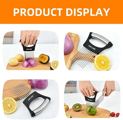 Onion Holder for Slicing, Upgrade Stainless Steel Onion Slicer Holder Lemon Slicer Vegetable Cutter, Assistant Tool for Slicing Fruit, Potato, Tomato and Meat (1 Pack)