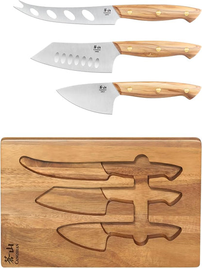 Cangshan 1027327 3-Piece Olive Wood Cheese Knife Set with Acacia Cheese Board
