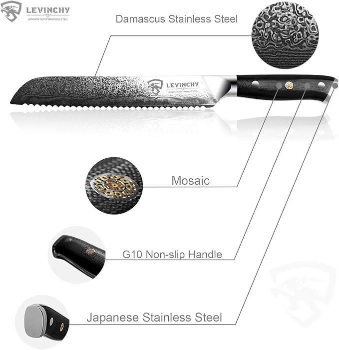 Bread Knife 8 inch Professional Japanese Damascus Stainless Steel with Black Premium G10 Handle, Ergonomic Pro Kitchen Knife, Superb Edge Retention, Stain & Corrosion Resistant