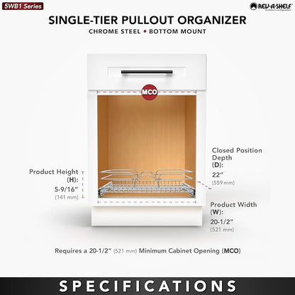 Rev-A-Shelf Steel Wire Pullout Drawer Organizer Shelf for Kitchen Cabinets, Slide Out Storage Basket, Min Opening Width of 20.5", 21" x 22", 5WB1-2122CR-1