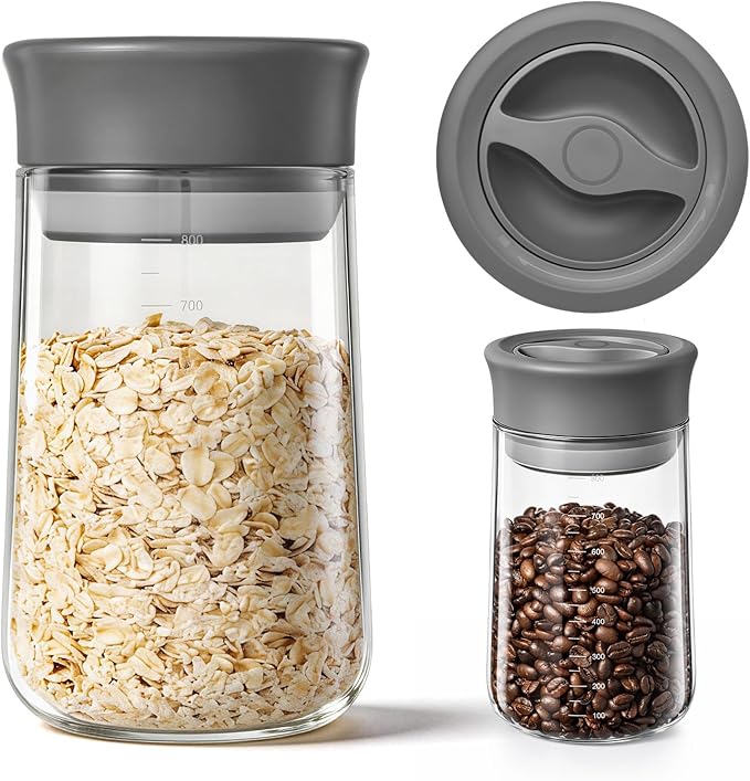Upgraded Rotary Airtight Glass Mason Jar with Lid, NUZEAK 27oz Borosilicate Coffee Container with Silicone Seal, Stackable Food Storage Jar for Pantry, Kitchen, Coffee Bean, Nuts, Spice, Cereal, Salad