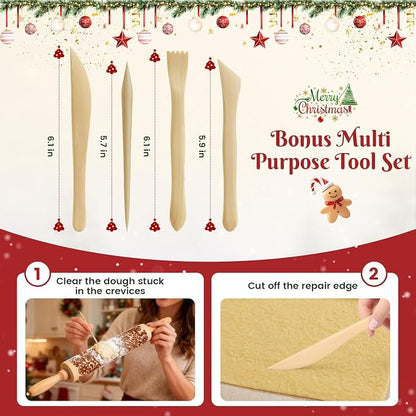 Gobam Embossed Rolling Pin for Cookies, Engraved Wooden Rolling Pin for Baking, Deep Pattern Cookie Roller for Christmas, Holiday, DIY Kitchen Decor and Gift - Snowflake