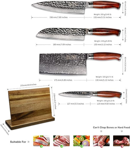 YARENH Cleaver Knife Set with Magnetic Block, Damascus Stainless Steel,73 Layers, 5 Piece Professional Sharp Kitchen Knife Set for Chef, Full Tang, Sandalwood Wood Handle