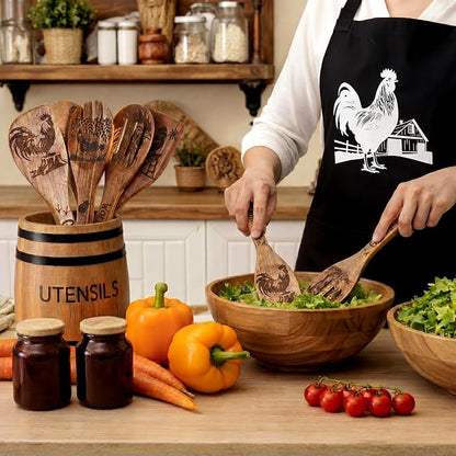 Remerry 6 Pcs Rooster Gifts for Women Rooster Kitchen Gift Set with Acacia Cooking Spoons Apron Kitchen Cooking Utensils Set for Mother's Day Housewarming Gift