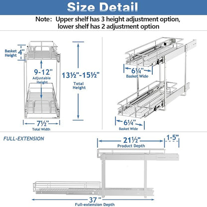 2 Tier Individual Pull Out Cabinet Organizer 7½" W x 21½" D, Heavy Duty Cabinet Pull Out Shelves, Slide Out Drawers Organization for Kitchen Cabinets Bathroom