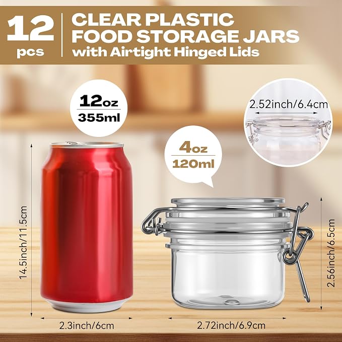 Suclain 12 Pack 4oz/120ml Pet Plastic Storage Jars with Lids Bulk, Clear Wide Mouth Canning Jar with Airtight Lid Empty Sealed Canisters Food Storage Container for Spices Herbs Jam Sauces Weeds Coffee
