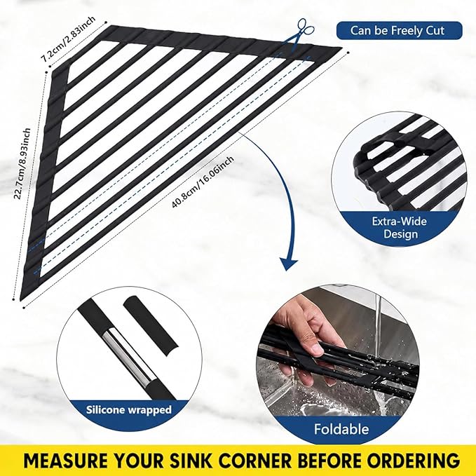 Credon Triangle Roll Up Dish Drying Rack, Foldable Anti-Slip Kitchen Sink Drainer Organizer, Silicone Coated Stainless Steel Frame, Multipurpose Over Sink Corner Caddy for Space Saving (Black)