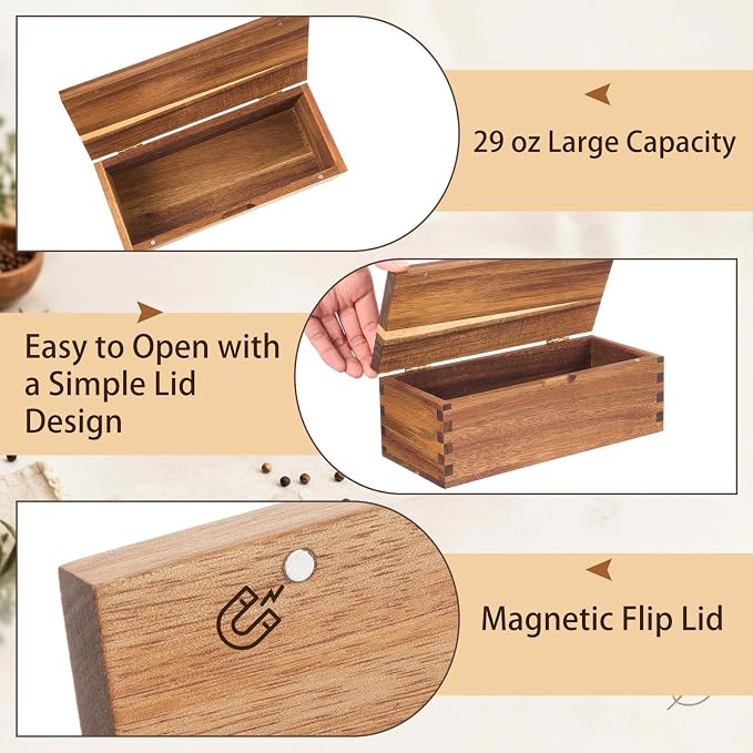 Acacia Wood Salt Cellar Spice Box with Magnetic Lid 29oz Large Capacity Salt Organizer 1 Compartments for Kitchen Countertop, Pepper, Seasonings, Spices, Grilling & Cooking