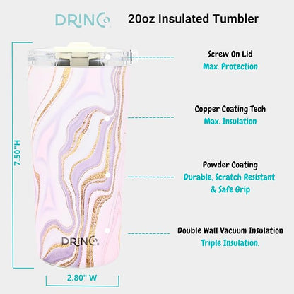 Drinco - 20 oz Stainless Steel Tumbler | Double Walled Vacuum Insulated Mug With Lid, 2 Straws, For Hot & Cold Drinks (20oz Rosa Gold)
