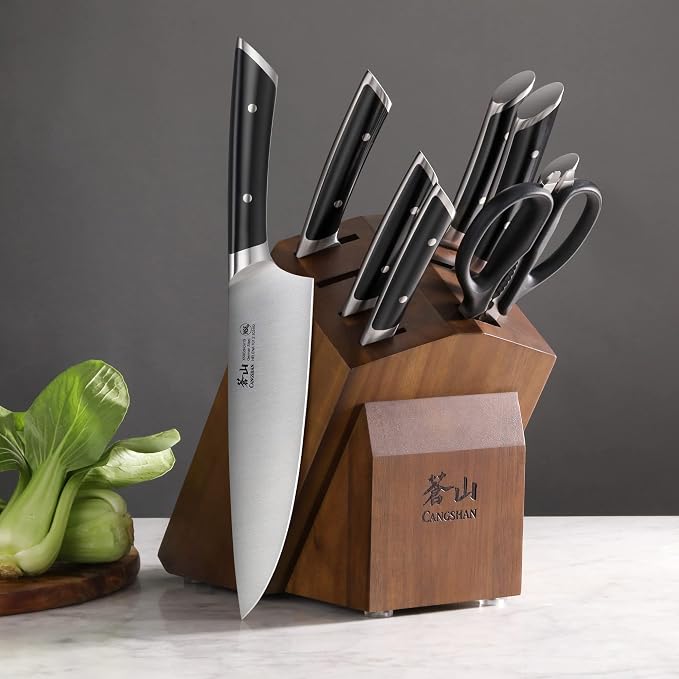 Cangshan HELENA Series 10-Piece German Steel Forged Knife Block Set, Black, Full Tang Kitchen Knife Set with Acacia Wood Block and Sharpener