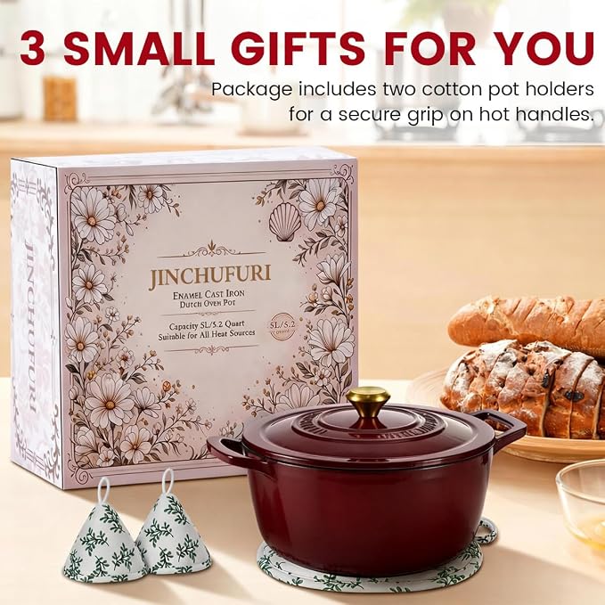 Cast Iron Dutch Oven - JINCHUFURI Enameled Cast Iron Dutchs Oven with Lid 5 Quart enamel dutch ovens Pot Heavy-Duty Cookware for Sourdough Bread Baking,Stews, Roasting,Braising(Rose Red)