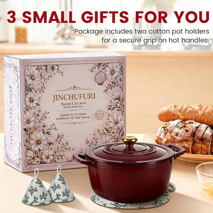 Cast Iron Dutch Oven - JINCHUFURI Enameled Cast Iron Dutchs Oven with Lid 5 Quart enamel dutch ovens Pot Heavy-Duty Cookware for Sourdough Bread Baking,Stews, Roasting,Braising(Rose Red)