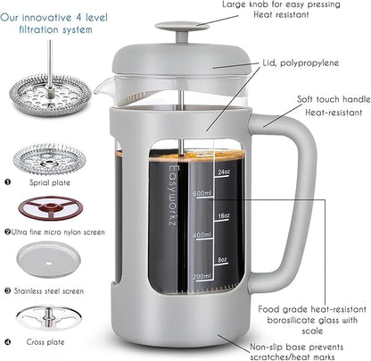 Easyworkz French Press 34 oz Coffee Tea Maker with Borosilicate Glass,Soft Grip Handle,Light Grey