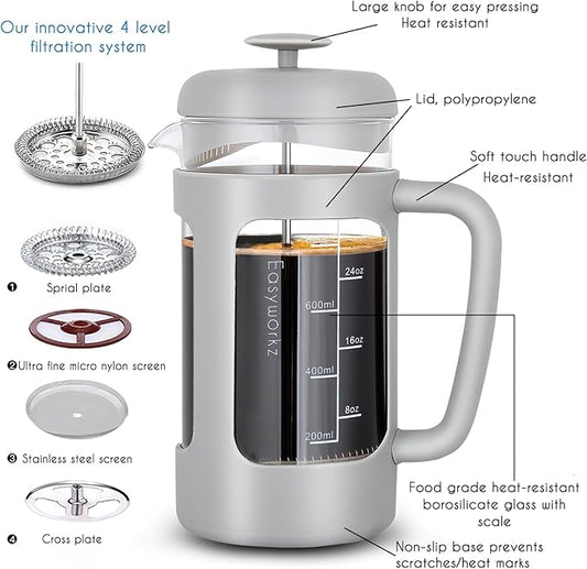 Easyworkz French Press 34 oz Coffee Tea Maker with Borosilicate Glass,Soft Grip Handle,Light Grey