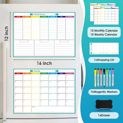 MaxGear Magnetic Fridge Calendar Whiteboard, 16"x12" Monthly and Weekly Dry Erase Board for Refrigerator, Smooth Writing and Effortless Cleaning Planner Board with 7 Markers,1 Eraser,1 Shopping List