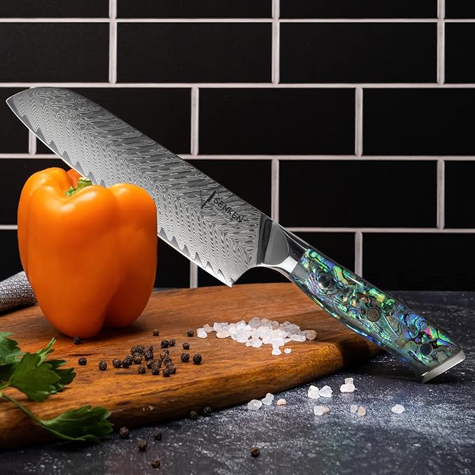 SENKEN Damascus Steel 7" Japanese Santoku Knife with Real Deep-Sea Abalone Shell Handle - Umi Collection - 67-Layer Japanese VG10 Forged Steel Blade, Integrated Full-Tang Molding (7" Santoku Knife)