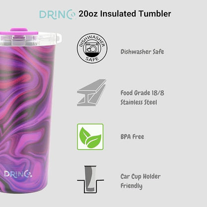 Drinco - 20 oz Stainless Steel Tumbler | Double Walled Vacuum Insulated Mug With Lid, 2 Straws, For Hot & Cold Drinks (20oz Purple Swirl)