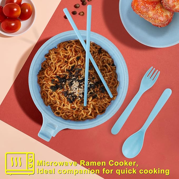 Ramen Bowl Set of 2, Ramen Cooker 33 oz, Ramen Bowls with Chopsticks and Spoon, Microwave Pasta Cooker, Ramen Bowl Microwave Gift College Dorm Essentials for Girls Guys (Blue&Pink)