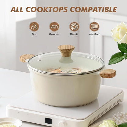 SENSARTE Ceramic Nonstick Stock Pot with Lid, 7 Quart Induction Cooking Pot with Tempered Glass Lid, Stew Pot for Soup and Oatmeal, Pasta Casserole, PFOA PFAS PTFE Free, Creamy White