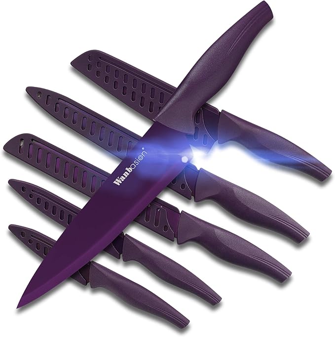 Wanbasion Purple Stainless Steel Knife Set, Sharp Kitchen Knife Set Professional, Kitchen Knife Set Dishwasher Safe with Covers for Cooking