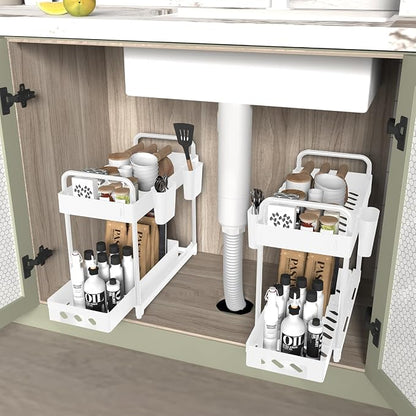 2 Pack Double-Layer Under Sink Organizer for Efficiently Utilizing Space, High Capacity and Space Saving, 2 Tier Sliding Under Sink shelf with 4 Hooks and a Cup Slot (White)
