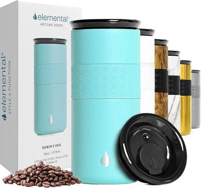 Elemental Artisan Insulated Tumbler, Triple Wall Coffee Travel Mug, Reusable Stainless Steel Coffee Tumbler with Ceramic Lid, Thermal Coffee Cups for Hot (6 Hrs) & Cold (18 Hrs), 16oz - Robin's Egg