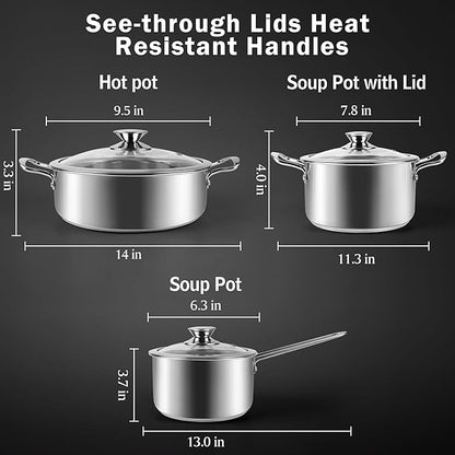 6-Piece Stainless Steel Cookware Set with Glass Lids, Induction Pots and Pans Set, Non-Toxic Kitchen Set for Gas/Electric/Induction, Oven & Dishwasher Safe, Silver