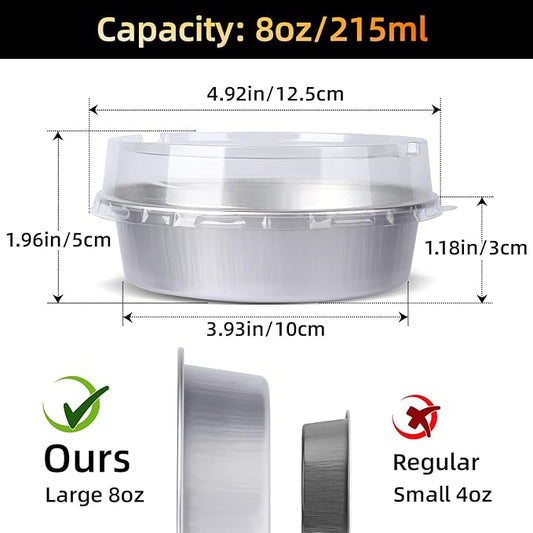 Beasea Pie Tins with Lids 8oz, 100 Pack 4 Inch Disposable Mini Creme Brulee Ramekins Silver Small Aluminum Foil Pie Tart Cake Baking Pans Individual Round Containers Oven Safe for Baking