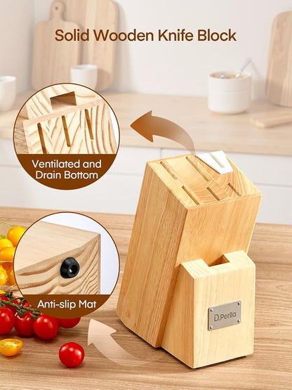 Knife Set, D.Perlla 8 Pieces Kitchen Knife Set with Built-in Sharpener, HIgh Carbon German Stainless Steel Knife Block Set with Unique Waved Pattern, Non-slip Handle, White
