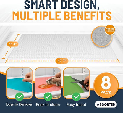 Refrigerator Liners for Shelves (8 Pack) by Linda’s Essentials - Non-Adhesive Shelf or Drawer Liner, BPA-Free Fridge Mats for Kitchen & Cabinets, Easy to Clean, Ideal Household Essentials(Multi Color)