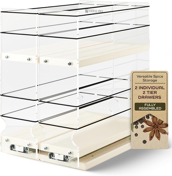 Vertical Spice - Large Pullout Sliding Spice Rack Organizer - 2 Individual 2 Tier Drawers - Premium Rolling Seasoning Holder/Caddy for Hidden Pantry Storage - Made in USA (6.9''W x 10.75" H x 10.6''D)